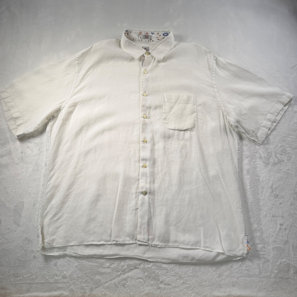 Peter Millar Linen Shirt Mens XL White Short Sleeve Floral Trim Button Up Luxury